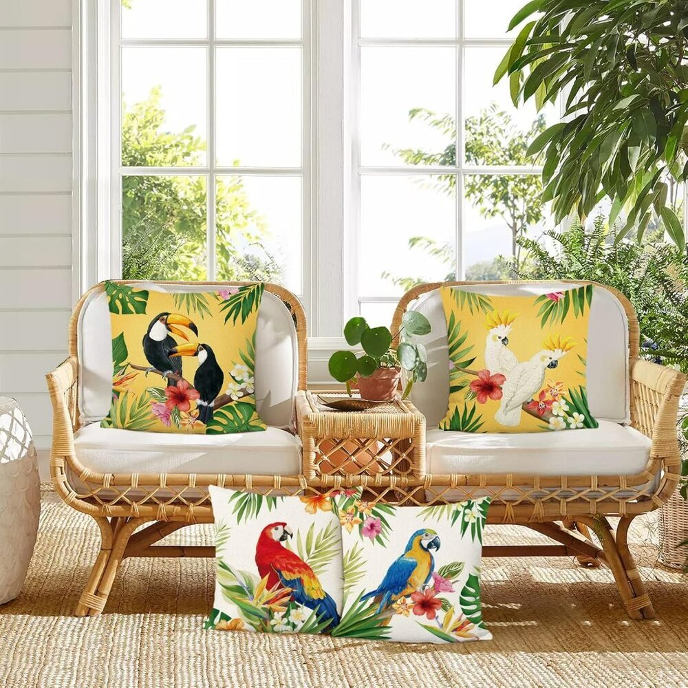 Tropical Birds Toucan Throw Pillow Covers 18 x 18 Inch Parrots Flowers Leaves Ou - Picture 2 of 6